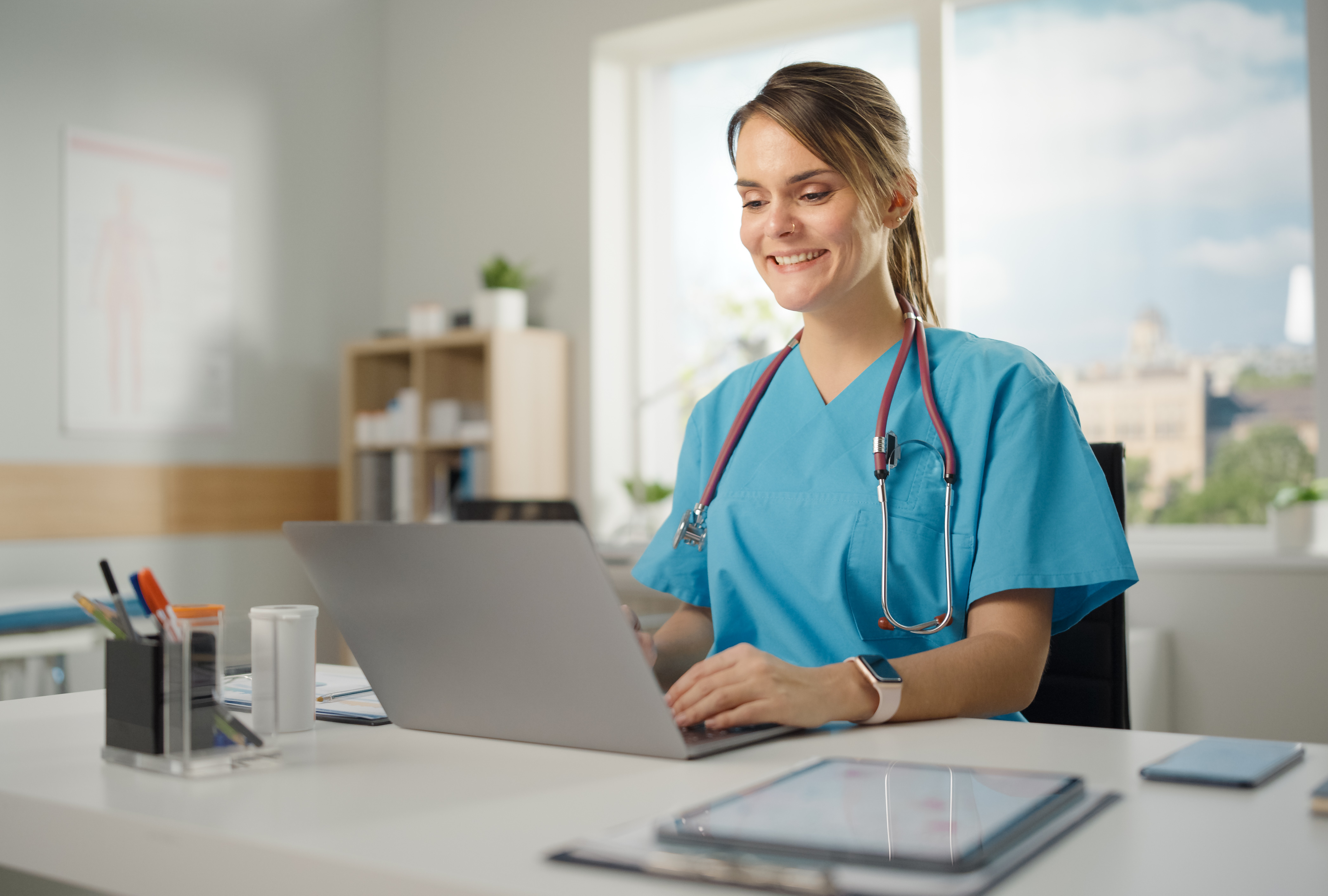 Nurse using computer